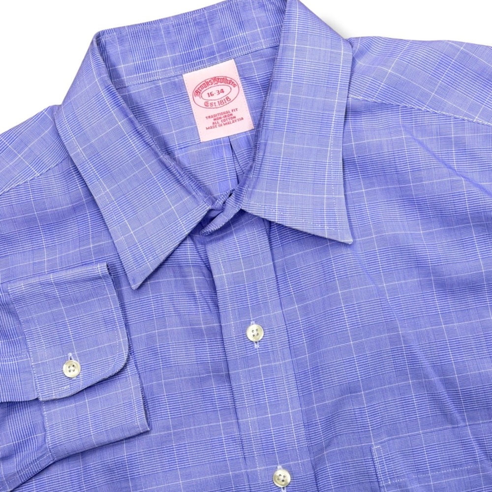 Brooks Brothers Shirt Men 16 L Blue Traditional Fit Cotton Glen Plaid Non-Iron